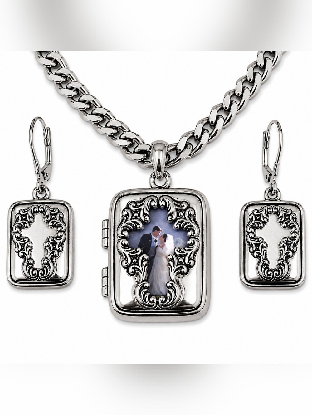Vintage Silver Tone Cameo Locket Necklace & Matching Earrings Set (NWOT)